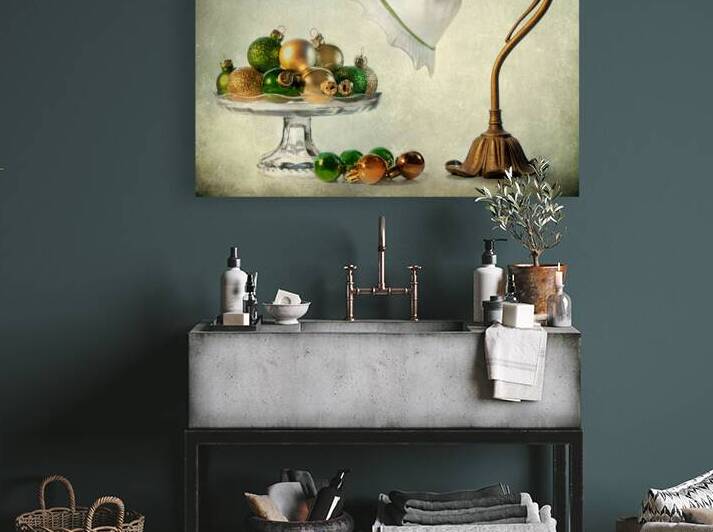 Christmas still life in gold and green by Barbara Corvino