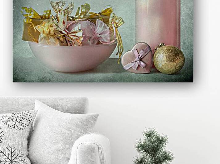 Christmas still life in pink and gold by Barbara Corvino
