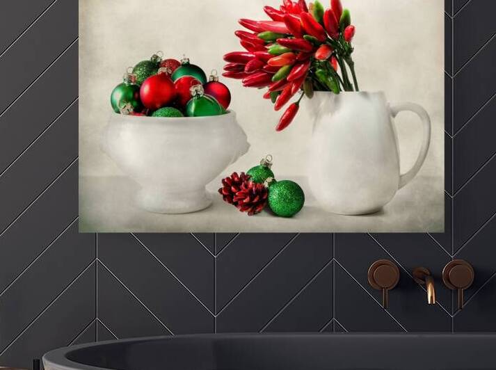 Christmas still life in green and red by Barbara Corvino