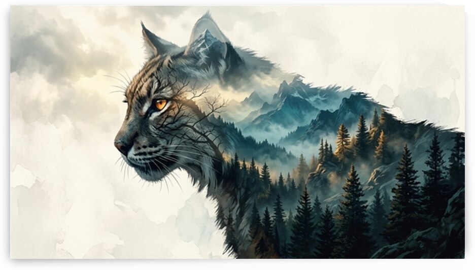 Spirit of the Wild – Double Exposure Cougar in Epic Mountain Landscape by Metal ART
