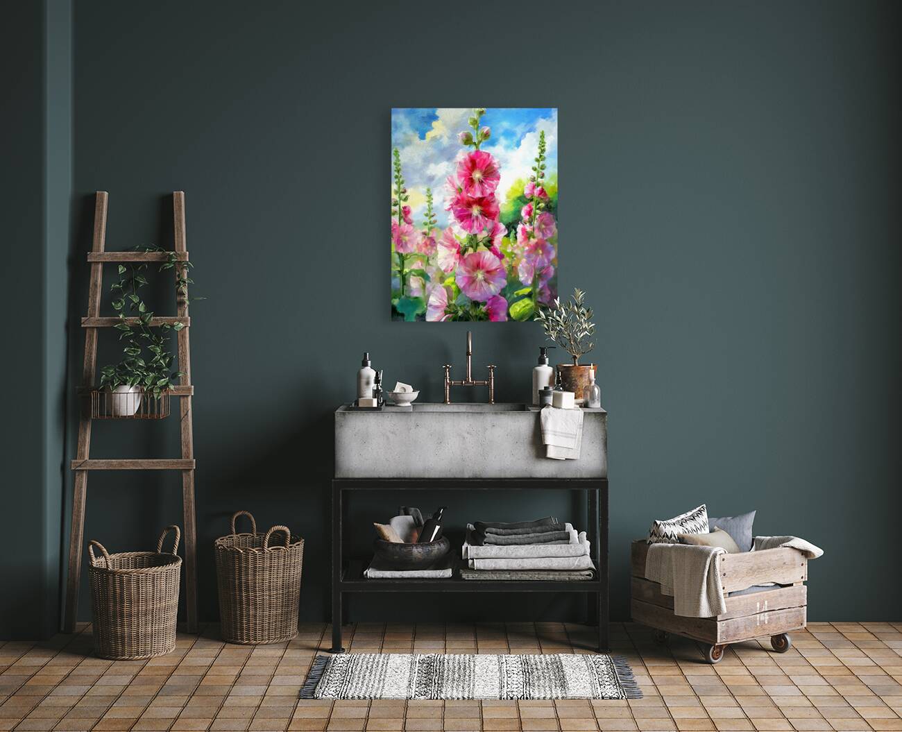 Oma Loved Her Hollyhocks Reproduction