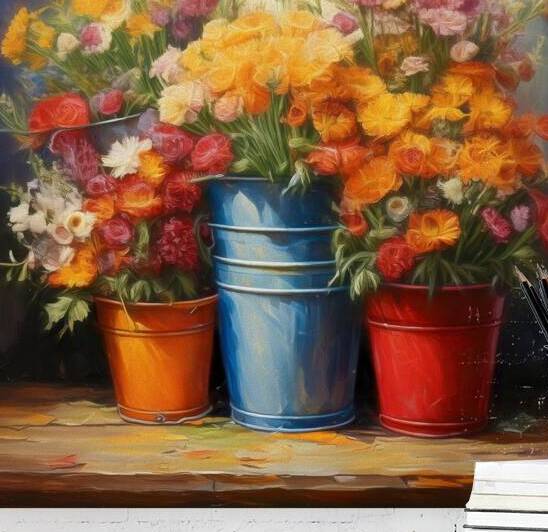 A Picture of Posies in Pretty Pails  by Thea Menagh