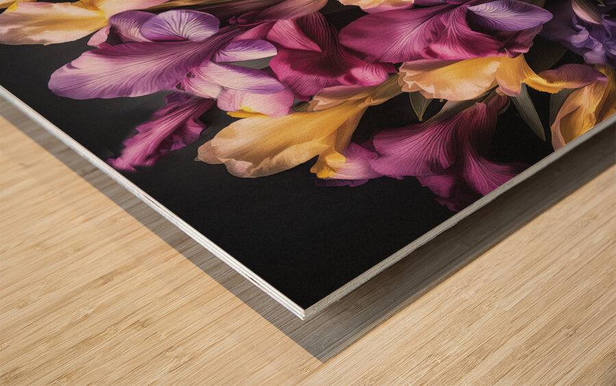 Colourful Irises in Full Bloom Wood print