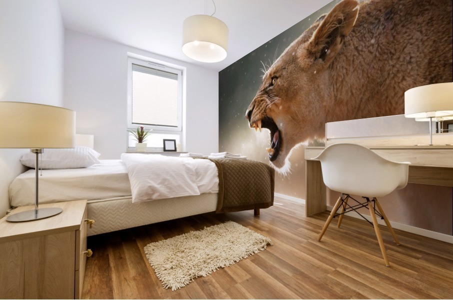 Lioness in the rain Mural print