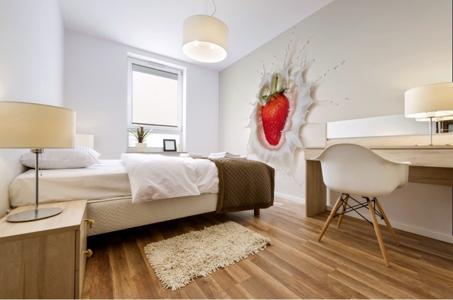 Strawberry splash in milk Mural print