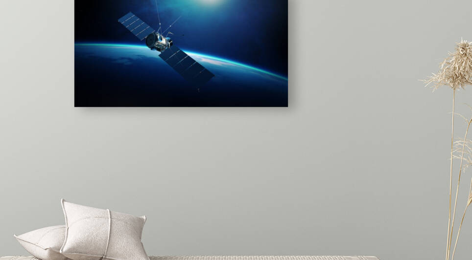 Communications satellite orbiting earth by Johan Swanepoel