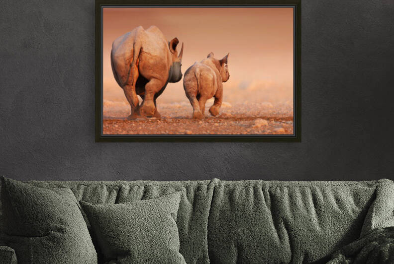 Black Rhinoceros calf and cow walking away by Johan Swanepoel