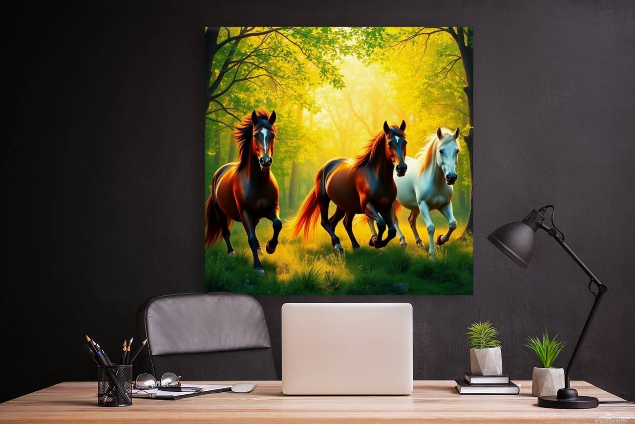 Bright vibrant colors depicting wild horses in a Reproduction