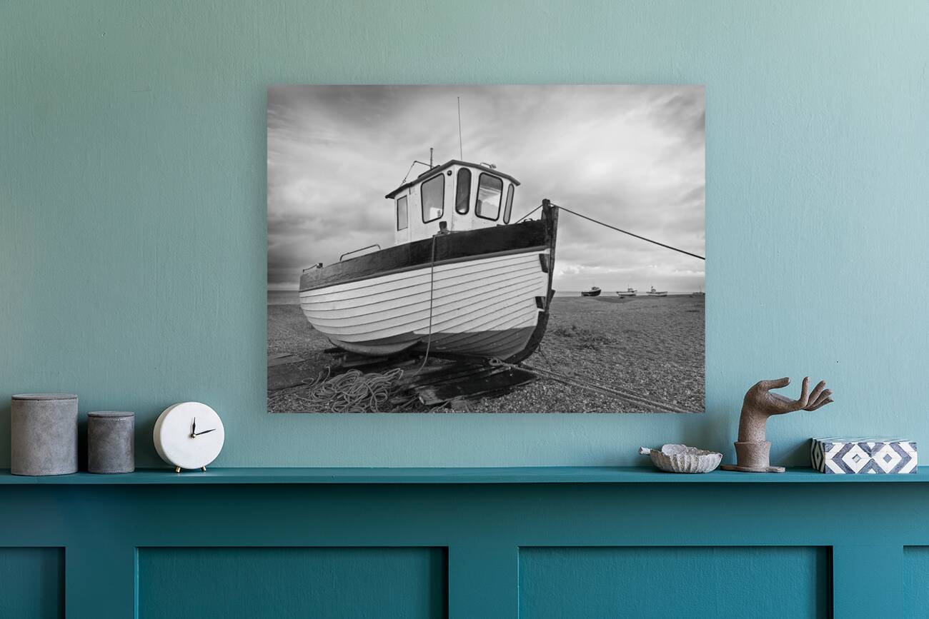 Old Wooden Fishing Boat In Black and White by Gill Billington Wall Art