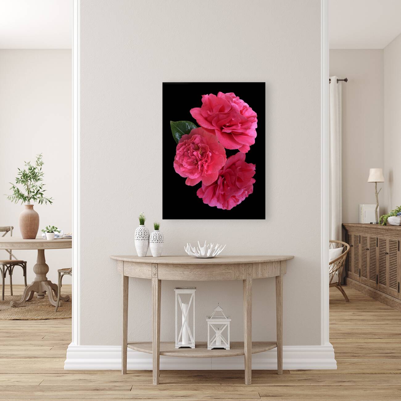Pink Camelia on Black Vertical Reproduction