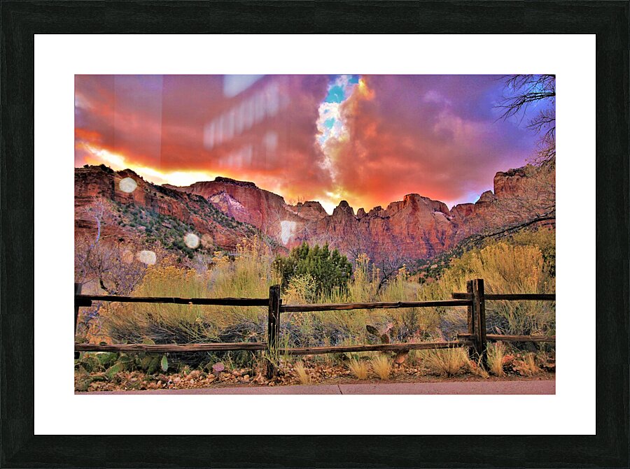sunset zion fence Picture Frame print