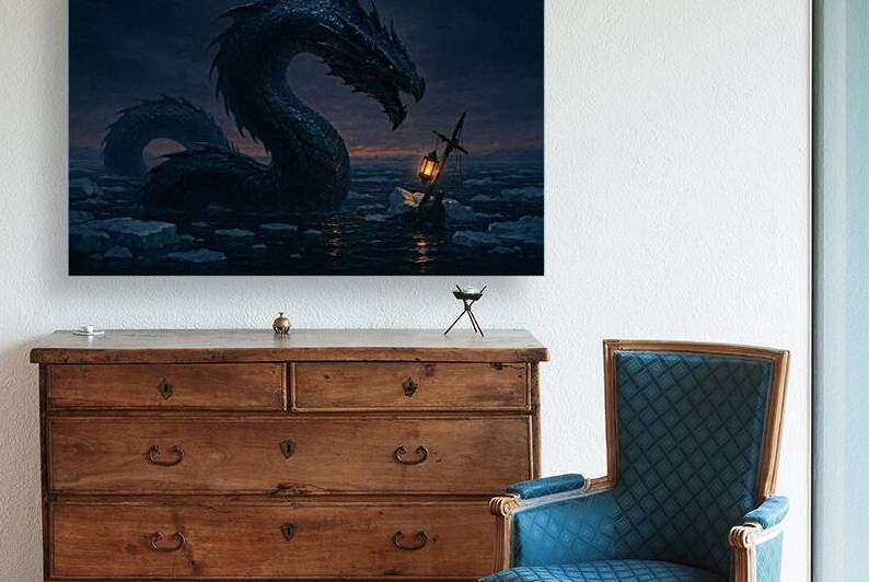 Dark Leviathan Sea Serpent Wall Art - Epic Fantasy Monster in Icy Arctic Ocean Shipwreck Scene by Yayadesign