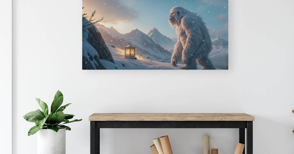 Winter Yeti Art - Mythical Abominable Snowman with Glowing Lantern in Snowy Mountains by Yayadesign