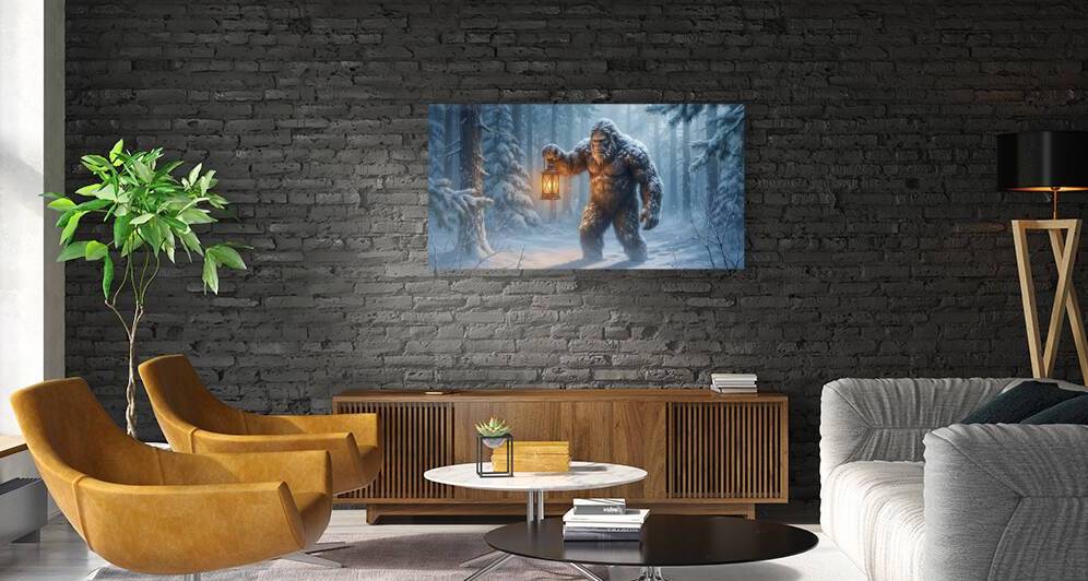 Bigfoot in Snowy Forest Wall Art - Mysterious Sasquatch with Lantern Winter Decor by Yayadesign