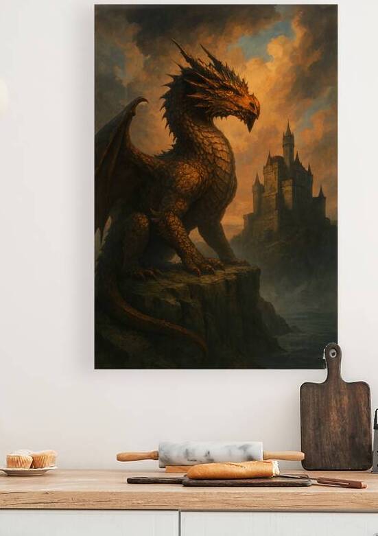 Majestic Dragon and Medieval Castle Wall Art - Epic Fantasy Landscape Decor for Living Room by Yayadesign