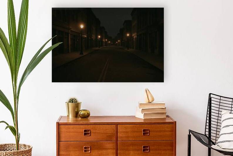 Moody Empty Street at Night Wall Art – Cinematic Noir Cityscape Print by Yayadesign