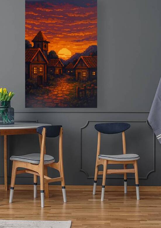 Pixel Art Sunset Over Medieval Village - Retro Fantasy Landscape Illustration by Yayadesign