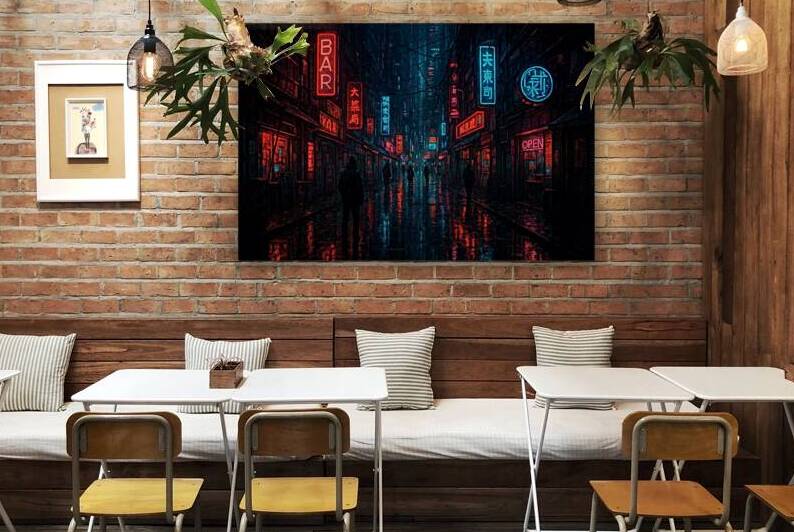 Cyberpunk Neon City Street at Night - Futuristic Rain-Slicked Urban Landscape by Yayadesign