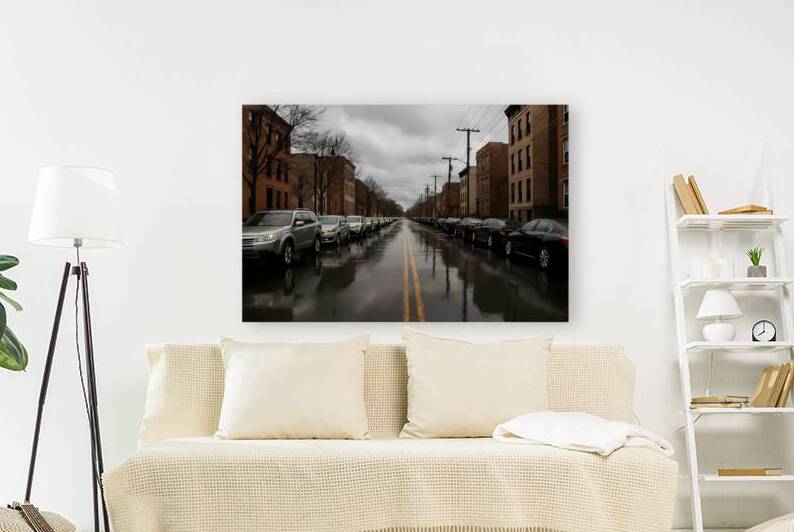 Moody Rainy Day in an Urban Residential Neighborhood - Wet Street Reflections by Yayadesign