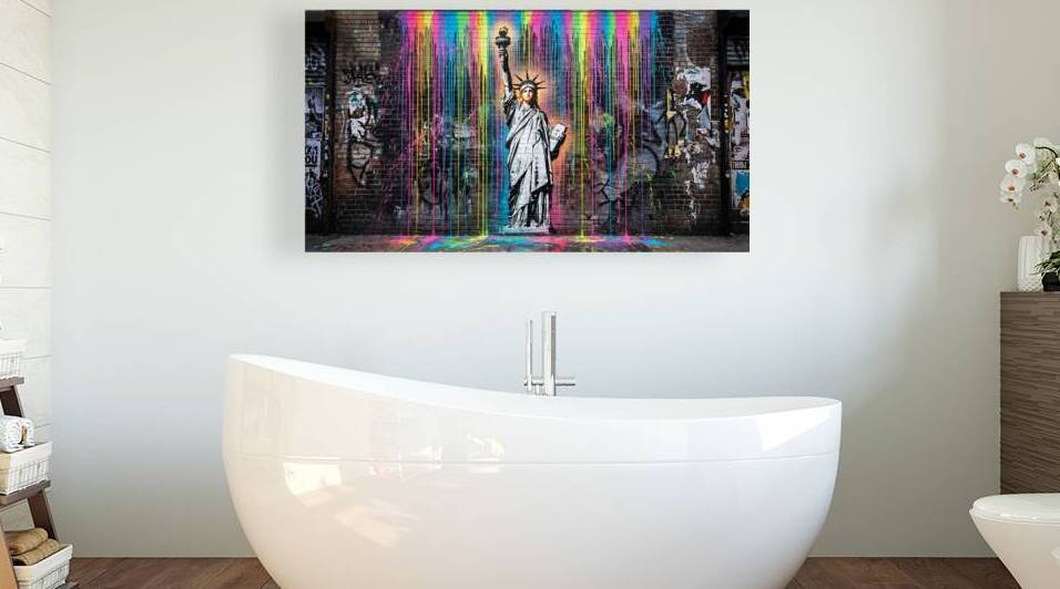 Vibrant Statue of Liberty Street Art Mural wh Rainbow Paint Drips by Yayadesign