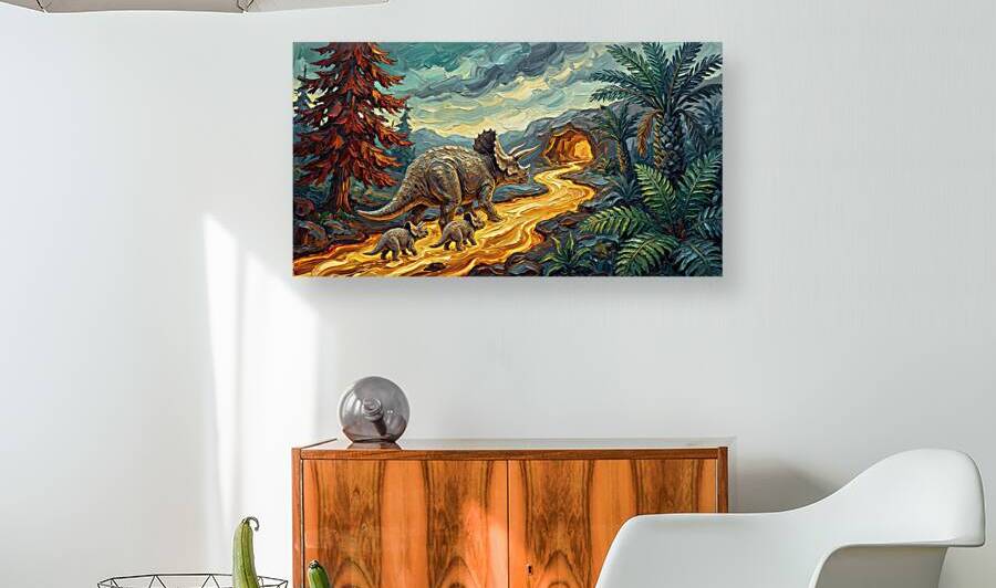 Impressionist Triceratops Family Wall Art – Vibrant Prehistoric Landscape Canvas Print for Nursery & Kids Room by Yayadesign