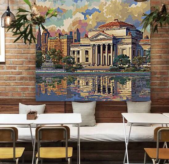 Pixel Art Cityscape Wall Art – Neoclassical Museum & Sunset Lake Reflection Print by Yayadesign