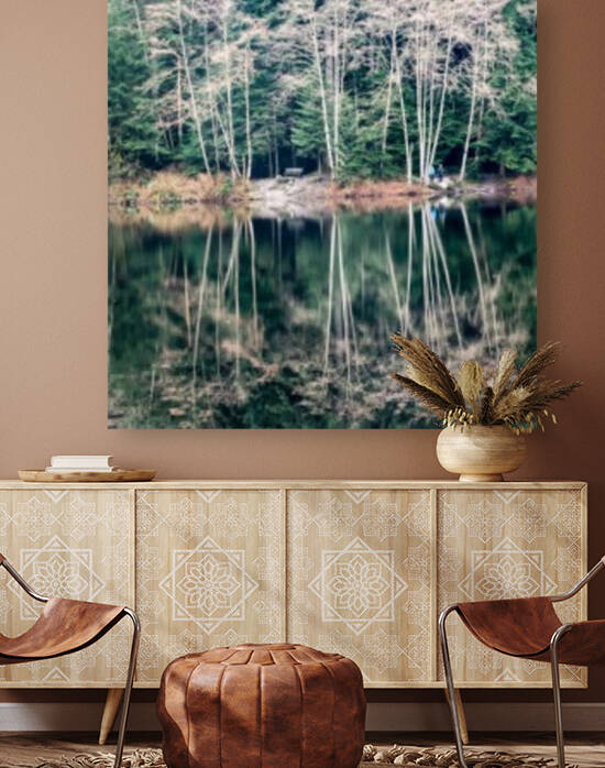 White Trees Reflected In Still Lake by bj clayden photography