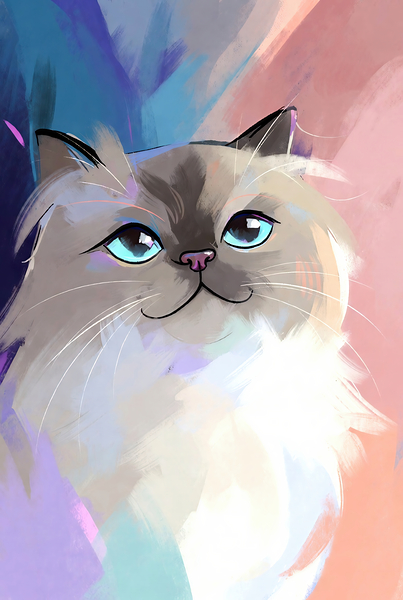Sweet Ragdoll Cat Portrait - Bright Blue Eyes and Pastel Abstract Art Digital Download