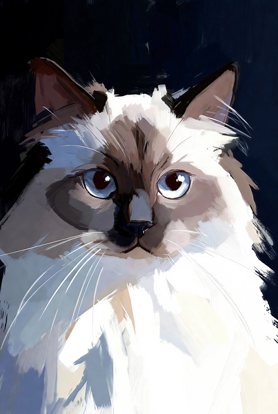 Blue-Eyed Ragdoll Cat Portrait Digital Painting Digital Download