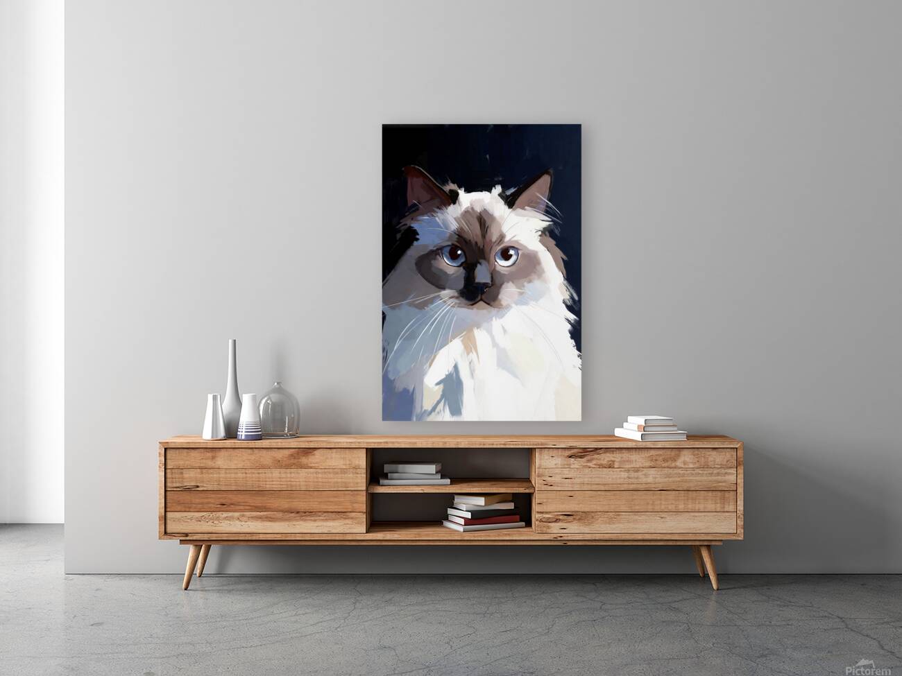 Blue-Eyed Ragdoll Cat Portrait Digital Painting Reproduction
