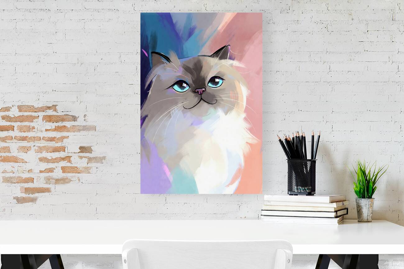Sweet Ragdoll Cat Portrait - Bright Blue Eyes and Pastel Abstract Art Reproduction