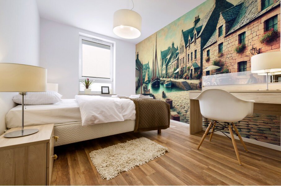 Vintage European Village Harbor Mural print