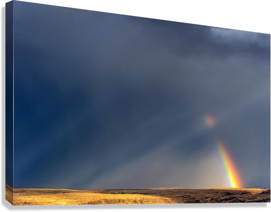 Strong rainbow with diagonal rain clouds Canvas Print
