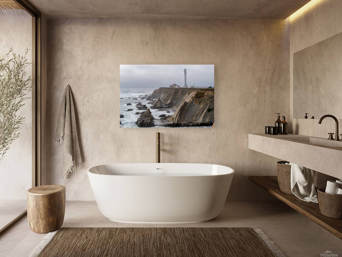 Point Arena Lighthouse with dramatic rocks Reproduction