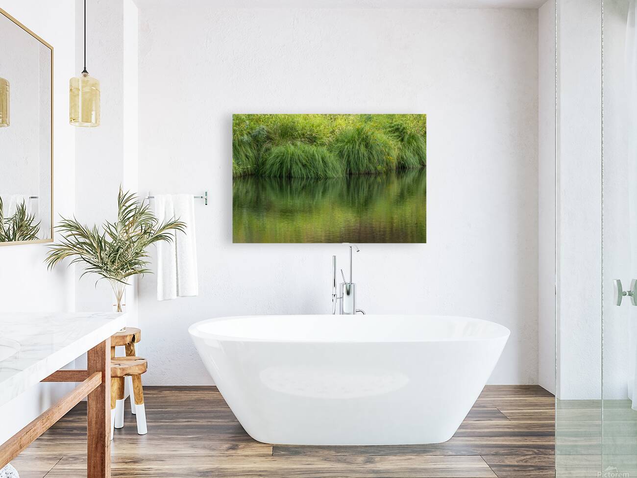 Dramatic green reflections of riverside plants Reproduction