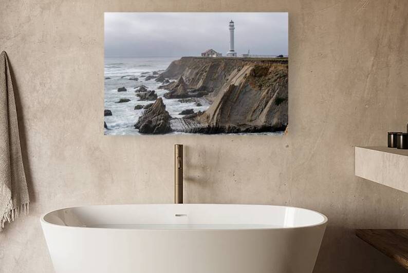 Point Arena Lighthouse with dramatic rocks Reproduction