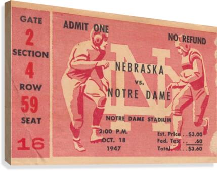 1947 Nebraska at Notre Dame Football Ticket Art Canvas Print