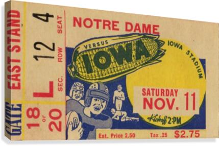 1939 Notre Dame vs. Iowa Football Ticket Stub Art  Canvas Print