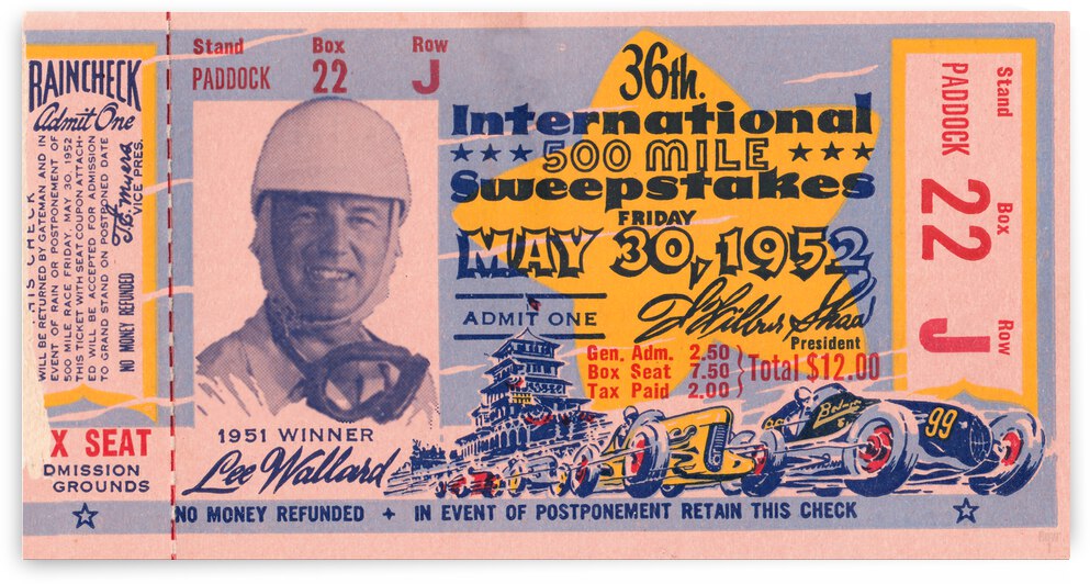 1952 Indy 500 Ticket Stub Canvas by Row One Brand