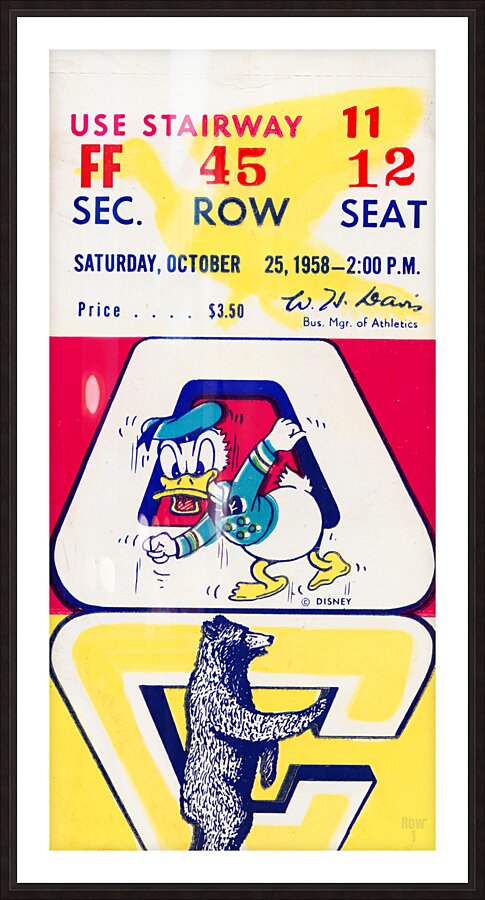 1958 Oregon Ducks vs. Cal Bears Ticket Art Picture Frame print