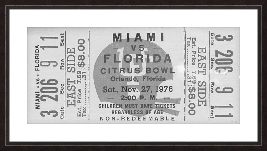1976 Miami vs. Florida Ticket Black and White Remix Picture Frame print