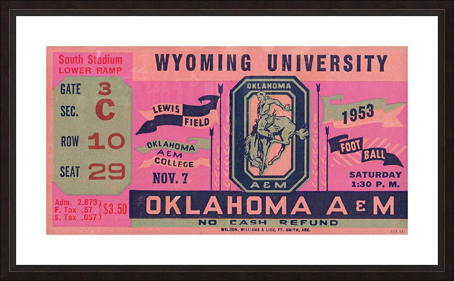1953 Wyoming vs. Oklahoma A&M Football Ticket Picture Frame print