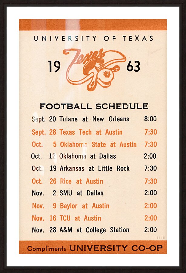 1963 Texas Longhorns Football Schedule Wall Art Picture Frame print
