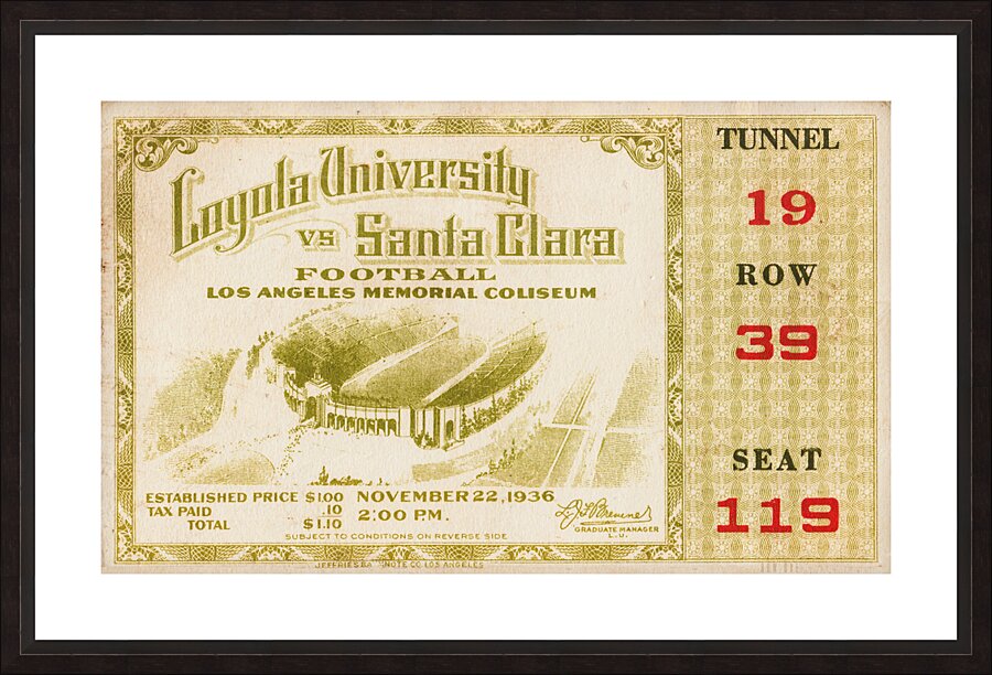 1936 loyola santa clara ticket Picture Frame print