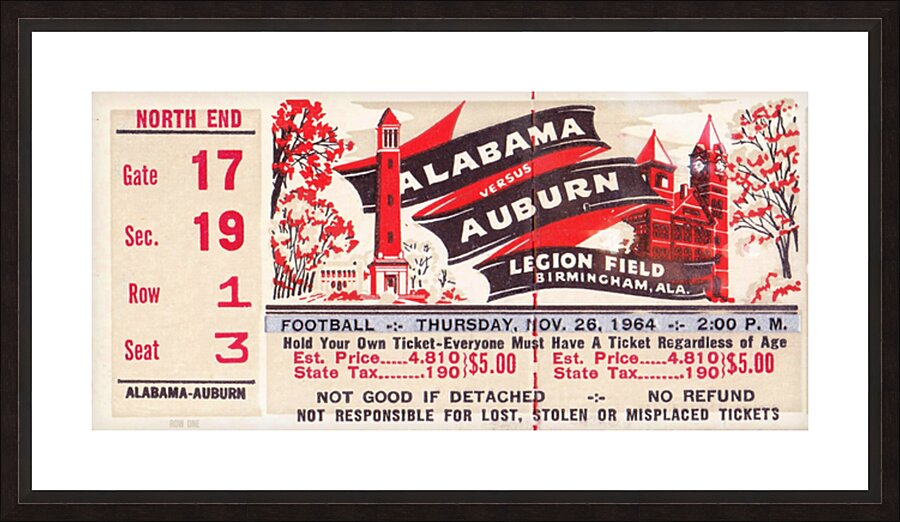 1964 Alabama Crimson Tide vs. Auburn Tigers Picture Frame print
