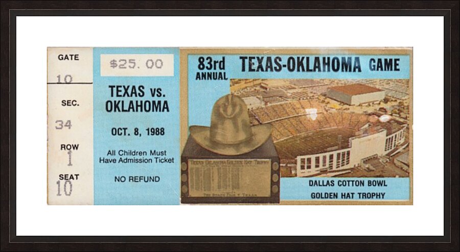 1988 Oklahoma vs. Texas Football Ticket Print  by Row One Brand