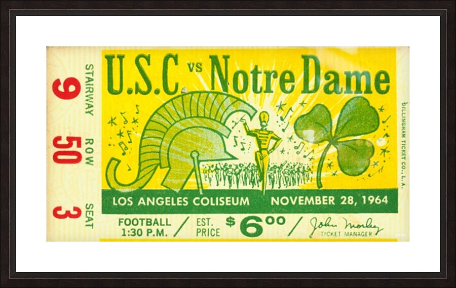 1964 Notre Dame at USC Football Ticket Art  by Row One Brand