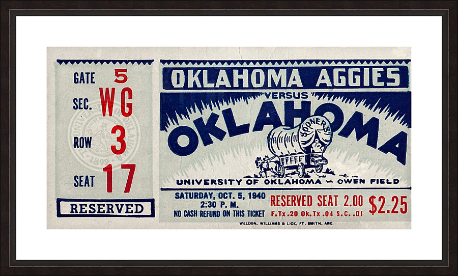 1940 Oklahoma A&M vs. Oklahoma Sooners Ticket Art Picture Frame print