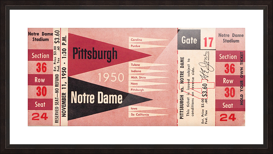 1950 pittsburgh notre dame vintage college football ticket wall art Picture Frame print