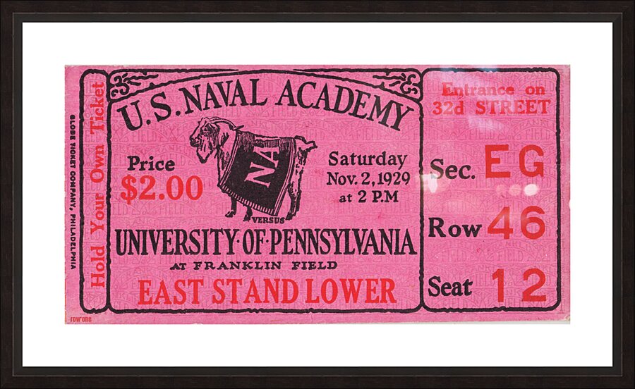 1929 Navy vs. Penn Football Ticket Art by Row One Brand